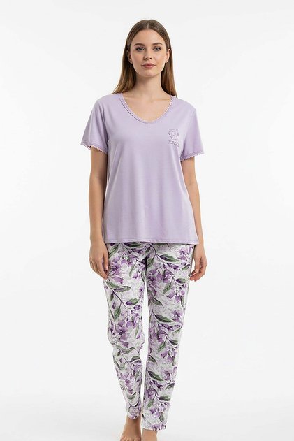 Kadın % 100 Ring Viskon Düğmeli Yaka Altı Desenli Kısa Kol Pijama Takımı | Lila 40113-4118