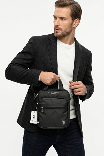Black Men's Nylon Hand Shoulder Crossbody Bag with Handle Lightweight Water Repellent Messenger Bag