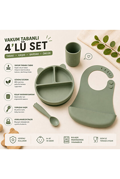 Bebek Beslenme Seti Olive Green 4 Parça Silikon Mama Seti – BPA’sız