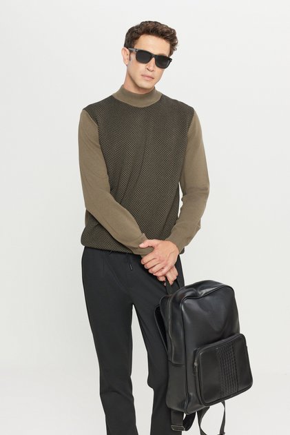 Men's Khaki-Black 100% Cotton Standard Fit Regular Cut Half Turtleneck Jacquard Knitwear Sweater