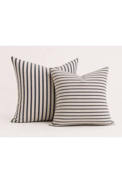 Thin Striped Muslin & Navy Blue Striped Bodrum Linen 2-Piece Throw Pillow Cover Set