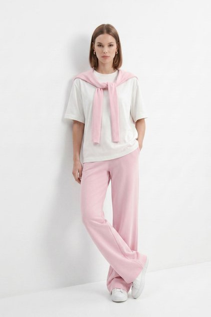Pink Crew Neck Short Sleeve Tie-Down Blouse Trousers Set 26624