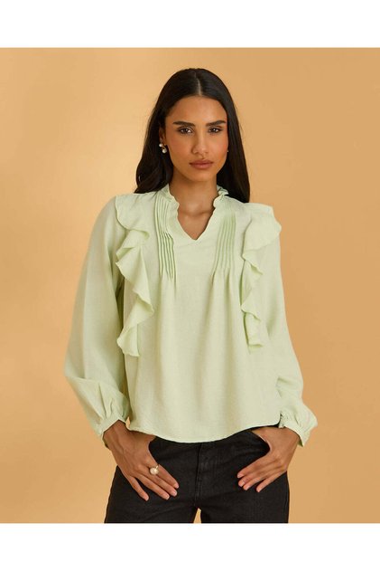 Women Green Ruffle Detail Blouse