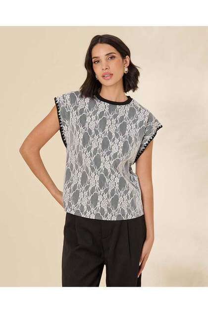 Women Ivory Monochrome Knit Lace Cap-Sleeve Blouse