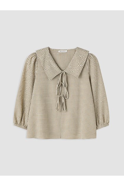 Khaki Bebe Collared Plaid Blouse