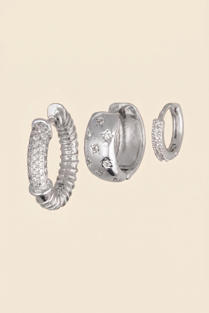 Silver Colored Zircon Stone Twisted and Sky-Themed 3-Piece Hoop Earring Set
