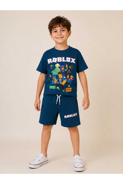 Boys' Roblox Printed Summer Cotton Shorts and T-Shirt Set