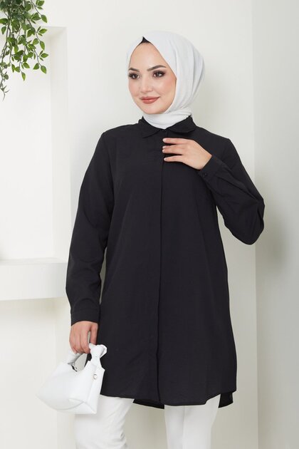 Women's Long Basic Black Polo Collar Hijab Shirt Dress