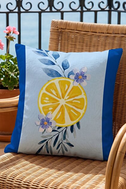 Lemon Slice and Flower Pattern Decorative Throw Pillow Cover 43X43 cm Double Sided with Blue Border 1 Piece