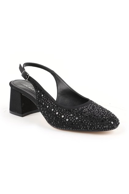 Women's High Heel Shoes Black Stone Suede Look Slingback Stylish Evening Dress Short Block Heel L085.K1105