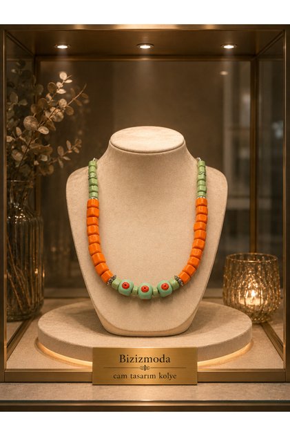 Glass Bead Orange and Aqua Green Design Necklace