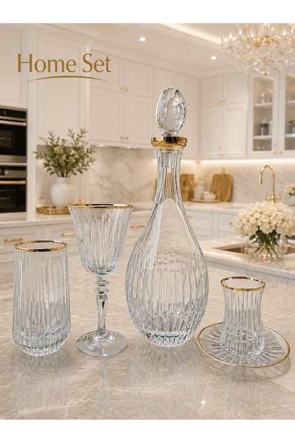49 Parça Kesme Kristal Cam Bardak Seti | 12 Su Bardağı • 12 Kadeh • 12 Çay Bardağı • 12 Çay Tabağı • 1 Karaf | Gold Detaylı