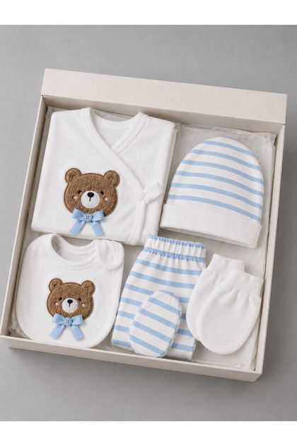 Textured Teddy Bear Detailed Cotton Striped 5-Piece Boxed Newborn Hospital Discharge Set 0-3 Months