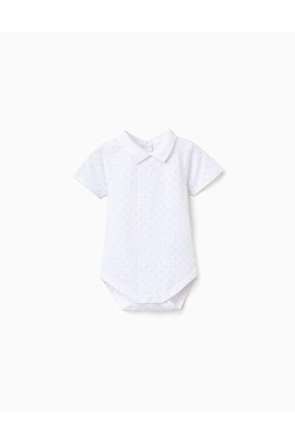 Cotton bodysuit with pattern for newborn boys, white/light blue