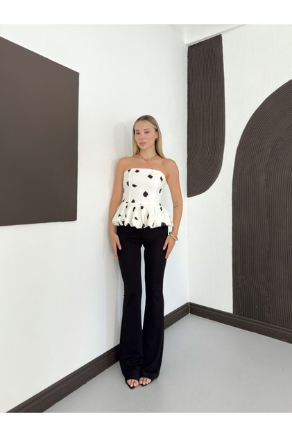 Women's Speckled Patterned Asymmetrical Blouse with Drawstring Detail