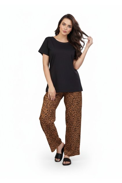 Black T-Shirt Brown Speckle Dot Print Pajamas Set | Loungewear | Rayon Comfort Nightwear