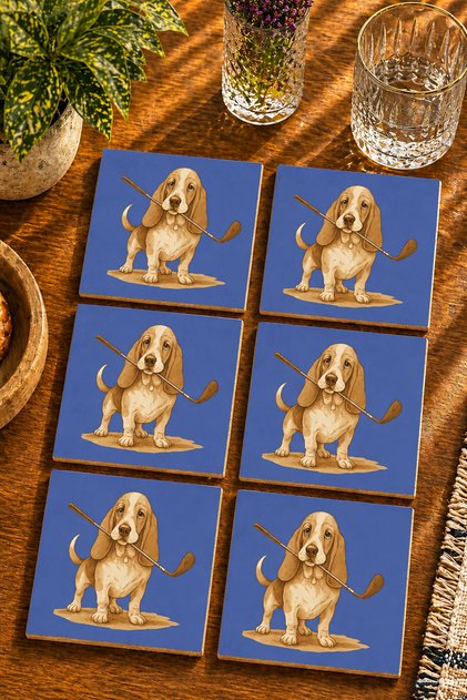 Golf Lover Dog Illustration Modern Set of 6 Coasters - Uv Printing Mdf - 10X10 cm