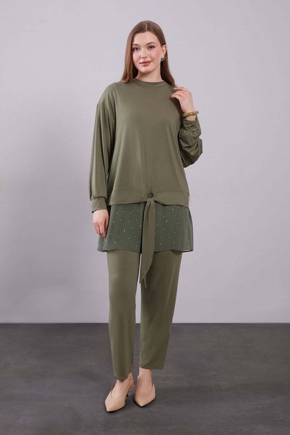 Khaki Tulle Detailed Stoned Double Set
