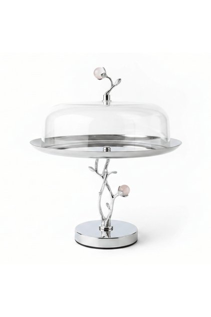 Silver Stainless Steel Footed Cake Stand with Clear Acrylic Dome Cover | 25×25 cm