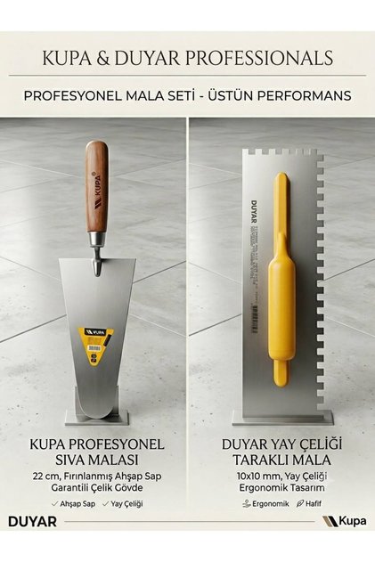 Profesyonel Sıva Malası 22 cm ve Duyar Dişli Seramik Malası 10x10 İkili Fayans Döşeme Seti