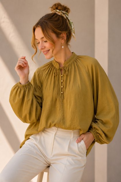 Yakası Bağlamalı Astarlı Oversize Tül Vual Bluz -Taba