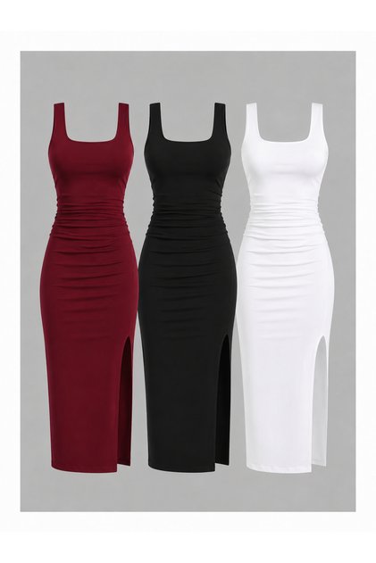 Women's Thick Strap Square Neck Slit 3-Piece Maxi Dress