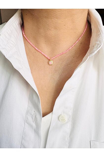 Minimal Pink Natural Stone Baguette Necklace 41 cm