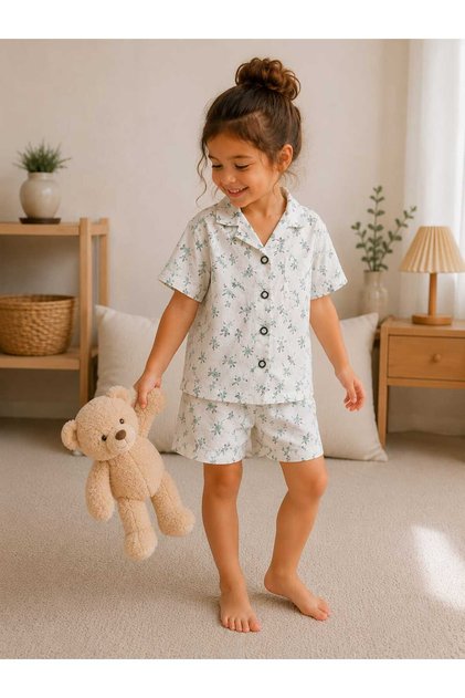 Girl's Summer Pajama Set, Muslin, 100% Cotton Fabric, Shorts and Shirt, 2 Pieces