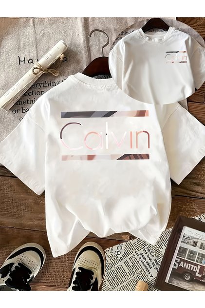 Spring And Summer Loose Casual Women'S Clothing Featuring Brand Letter Stripe Print Pattern on a Short-Sleeve Round-Neck T-Shirt