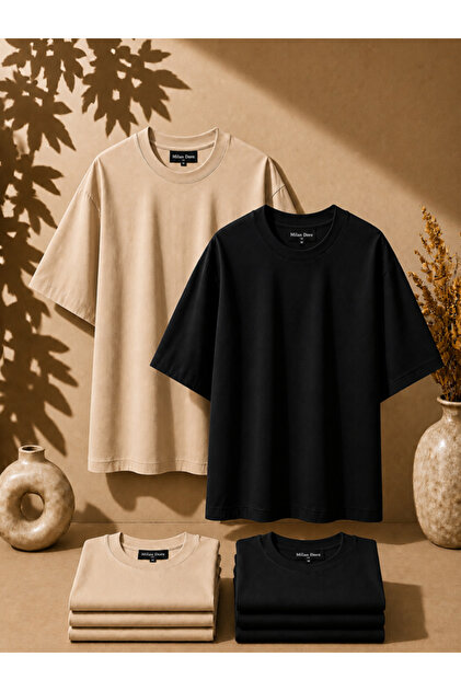 2-Pack Unisex Beige-Black Oversize T-Shirt Set - Crew Neck Basic T-Shirt
