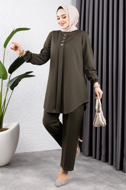 Front Placketed Crepe Suit Khaki
