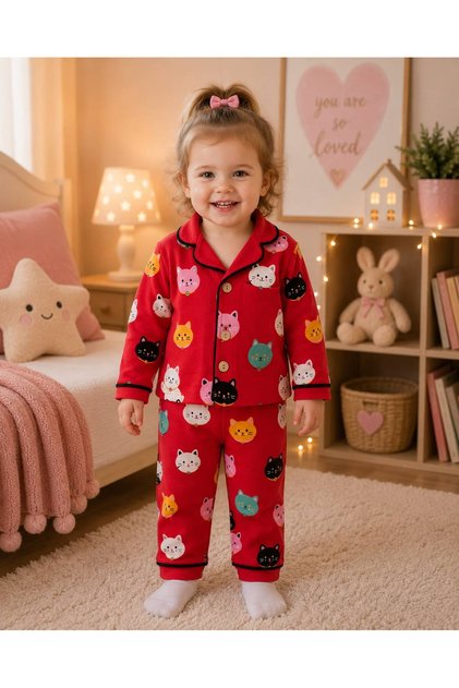 100% Cotton Long Sleeve Buttoned Seasonal Cat Patterned Soft Textured Bottom and Top Unisex Baby Pajama Set for Girls and Boys