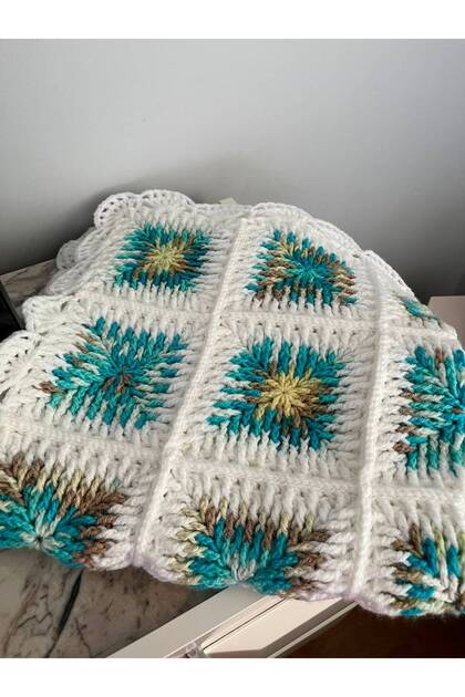 Hand Knitted Motif Baby Blanket - Multi-Colored Design