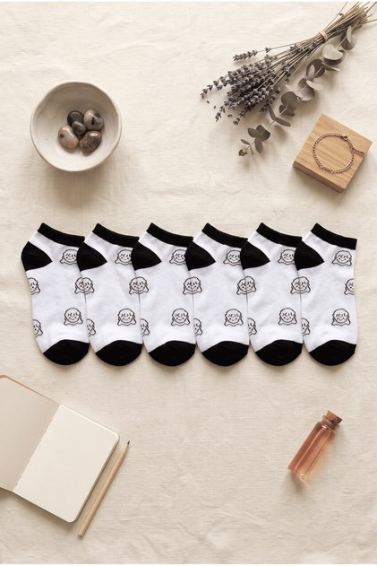 Set of 6 Black-White Figured Women's Socks - Soft Cotton