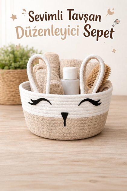 MiniBunny Jüt İp Bej Sevimli Tavşan Düzenleyici Sepet Organizer 20x12 CM