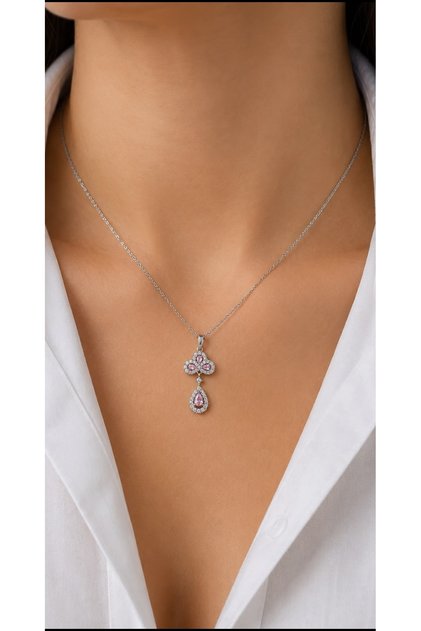 Miore Pink Zircon Stone Women's Necklace with Drop and Flower Figures