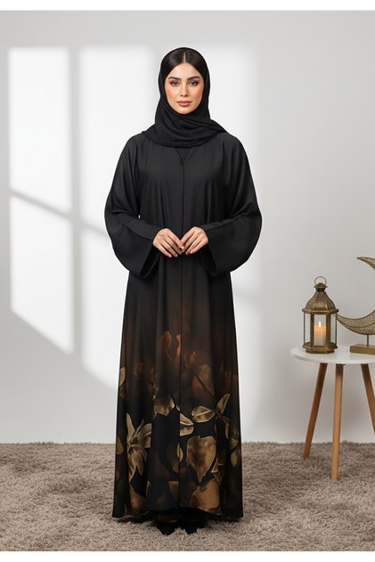 Elegant Black and Gold Floral Print Abaya-852