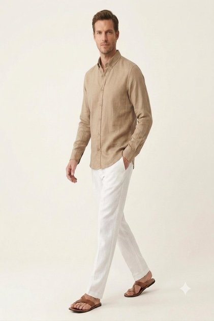 Men's Button-Down Collar 100% Linen Breathable Cool Comfortable Fit Shirt