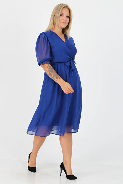 XXL BUTİK Women's Saks Blue Lining Plus Size Chiffon Dress X-Btq064