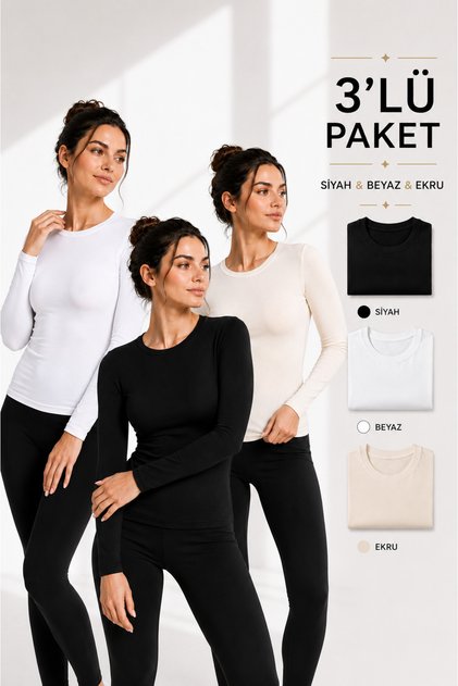 Kadın Uzun Kollu Bisiklet Yaka 3'lü Paket Basic Body Siyah Beyaz Ekru Slim Fit Likralı Esnek Viskon Bluz