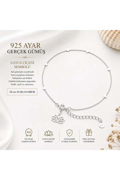 925 Ayar Gerçek Gümüş Pullu Zincir Lotus Çiçeği Halhal 24 cm Ayarlanabilir | Şans, Bereket ve Yeniden Doğuş Sembollü Zarif Kadın Halhal
