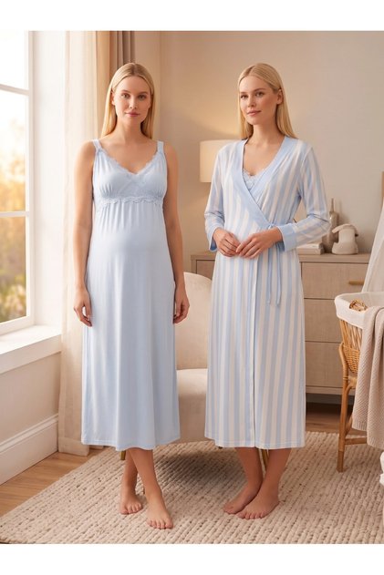 New Season Blue Striped Lace Detailed Design with Nursing Feature and Straps, 100% Cotton Maternity Nightgown Set