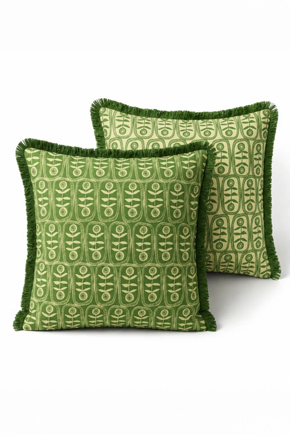 Botanica Green 2-Piece Fringed Throw Pillow Cover