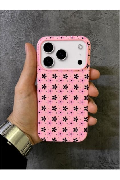 iPhone 17 Pro Max - 18 Pro Max Compatible Black and Pink Daisy Patterned Pink Case