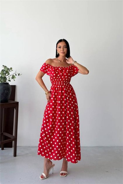Women's Red Madonna Collar Ruffle Detailed Patterned Midi Length Dress Nbg136