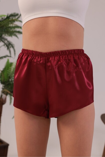 Burgundy Satin Patternless Single Shorts