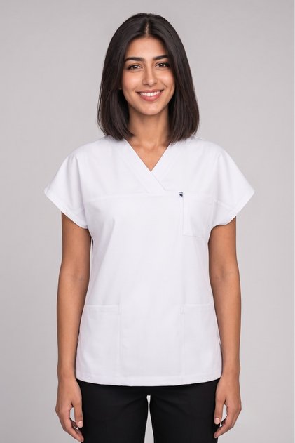 Women's V-Neck Batwing Short Sleeve Single Top White Stretchy Lycra Belinda Fabric Doctor and Nurse Uniform