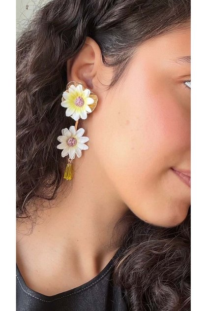 Women's Gold Detailed Daisy Model Long Dangle Earrings