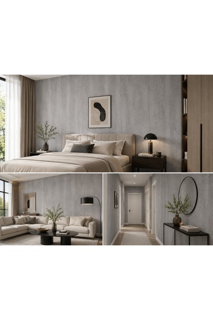 Vitalis 1001-4 Modern Geometrik Kabartmalı Duvar Kağıdı Gri Bej 16 m² Silinebilir Yıkanabilir Salon Yatak Odası