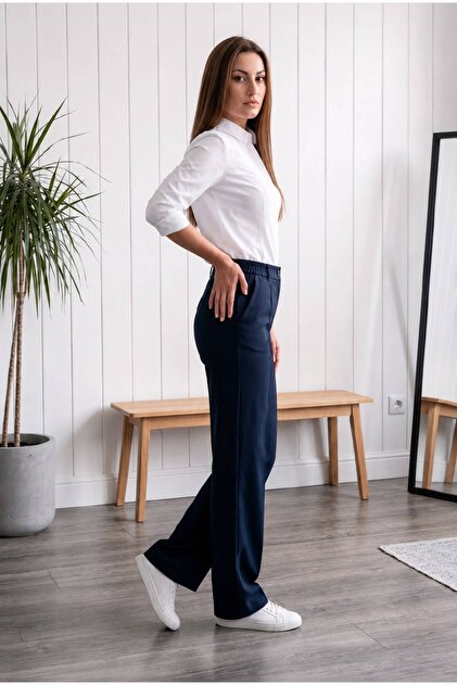 Belur Navy Blue High Waist Wide Leg Special Production Fabric Trousers with Elastic Sides New